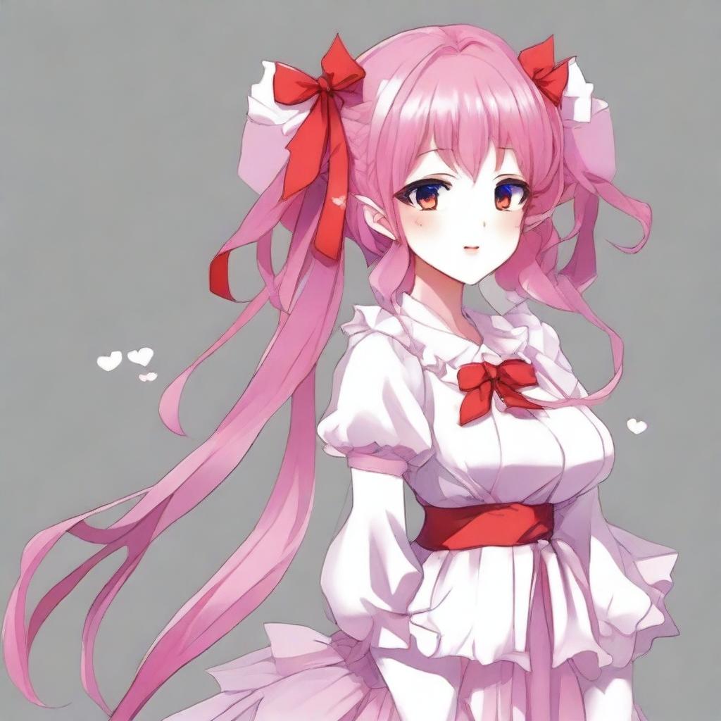 Create a full-body image of a tall, sexy anime girl with long pink hair, elf ears, and a red ribbon only in her hair