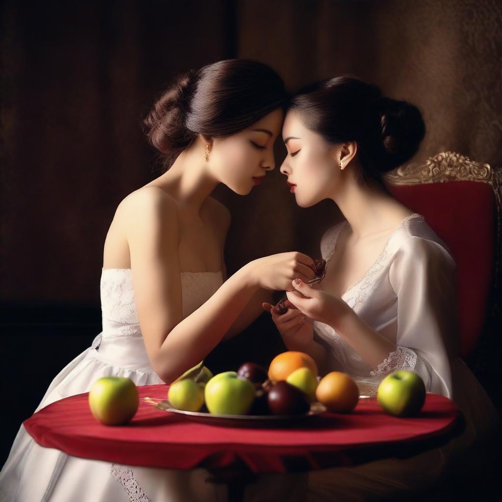 A scene where a woman is feeding a person fruits and chocolates in an erotic manner