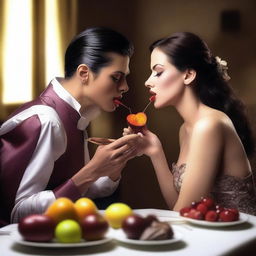 A scene where a woman is feeding a person fruits and chocolates in an erotic manner