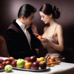 A scene where a woman is feeding a person fruits and chocolates in an erotic manner