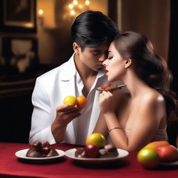 A scene where a woman is feeding a person fruits and chocolates in an erotic manner