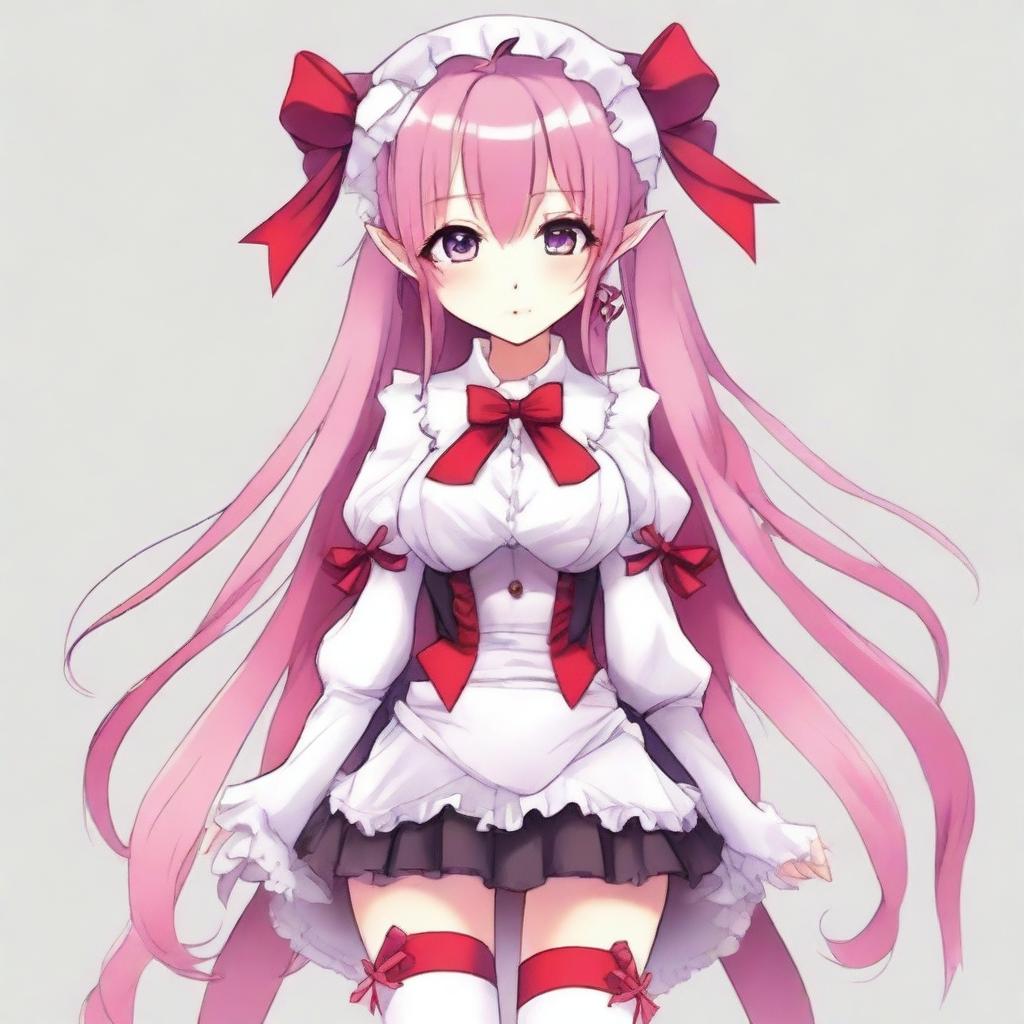 Create a full-body image of a tall, sexy anime girl with long pink hair, elf ears, and a red ribbon only in her hair