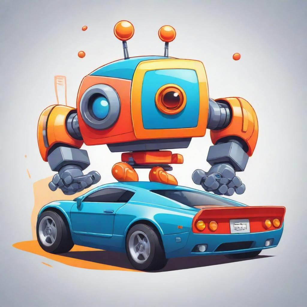 Cartoon style fusion of a car and a robot, with lively colors and inventive design elements