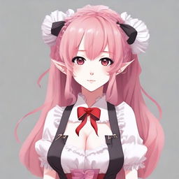 Create a full-body image of a tall, sexy anime girl with long pink hair, elf ears, and a red ribbon only in her hair