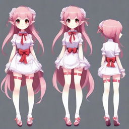 Create a full-body image of a tall, sexy anime girl with long pink hair, elf ears, and a red ribbon only in her hair