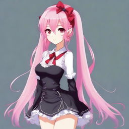 Create a full-body image of a tall, sexy anime girl with long pink hair, elf ears, and a red ribbon only in her hair