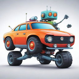 Cartoon style fusion of a car and a robot, with lively colors and inventive design elements