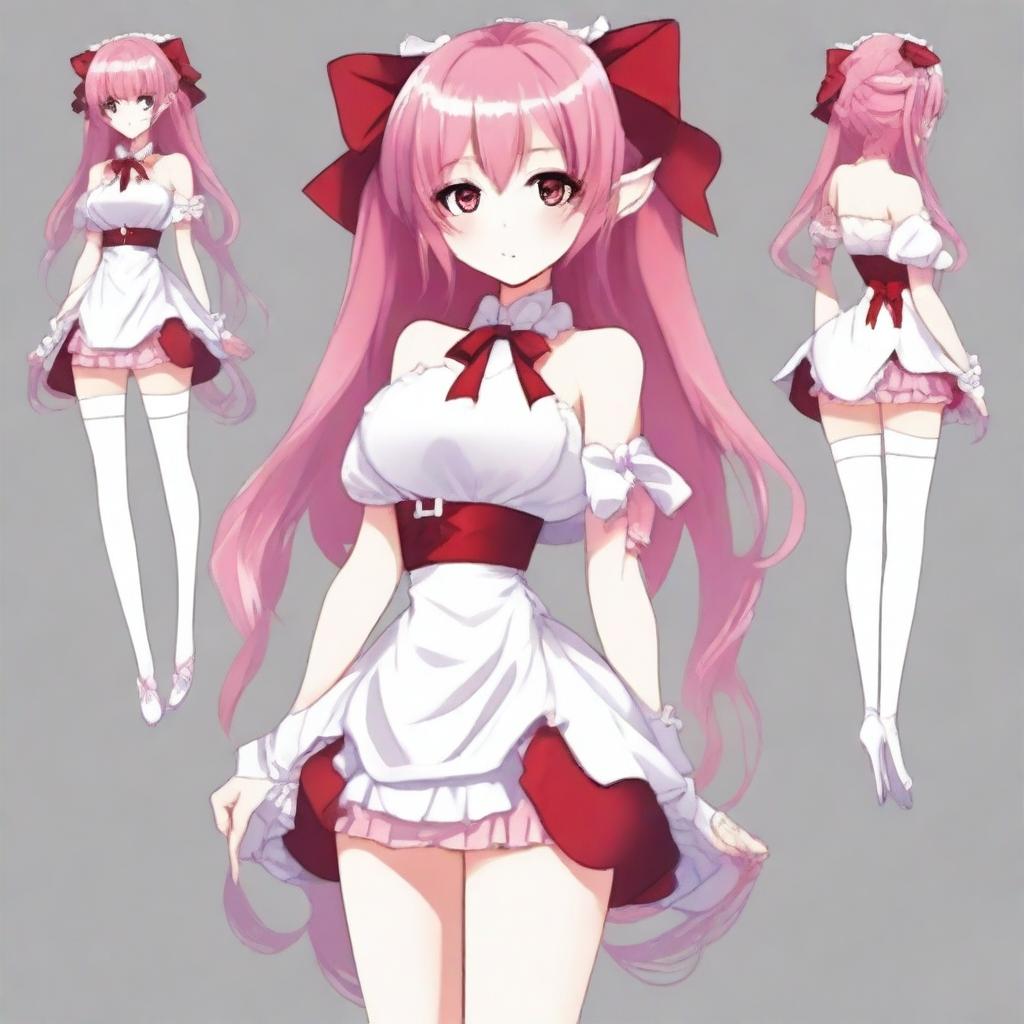 Create a full-body image of a tall, sexy anime girl with long pink hair, elf ears, and a red ribbon only in her hair