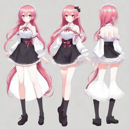 Create a full-body image of a tall, sexy anime girl with long pink hair, elf ears, and a red ribbon only in her hair