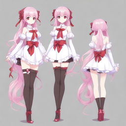 Create a full-body image of a tall, sexy anime girl with long pink hair, elf ears, and a red ribbon only in her hair