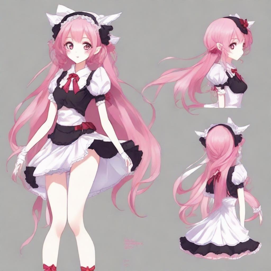 Create a full-body image of a tall, sexy anime girl with long pink hair, elf ears, and a red ribbon only in her hair