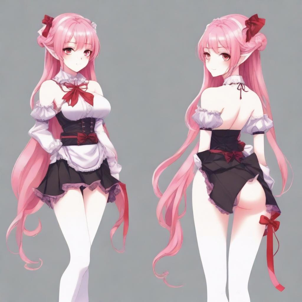 Create a full-body image of a tall, sexy anime girl with long pink hair, elf ears, and a red ribbon only in her hair