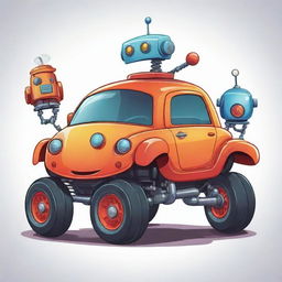 Cartoon style fusion of a car and a robot, with lively colors and inventive design elements