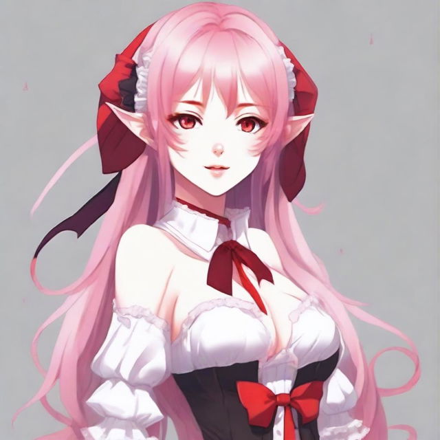 Create a full-body image of a tall, sexy anime girl with long pink hair, elf ears, and a red ribbon only in her hair