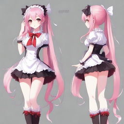 Create a full-body image of a tall, sexy anime girl with long pink hair, elf ears, and a red ribbon only in her hair