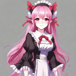 Create a full-body image of a tall, sexy anime girl with long pink hair, elf ears, and a red ribbon only in her hair