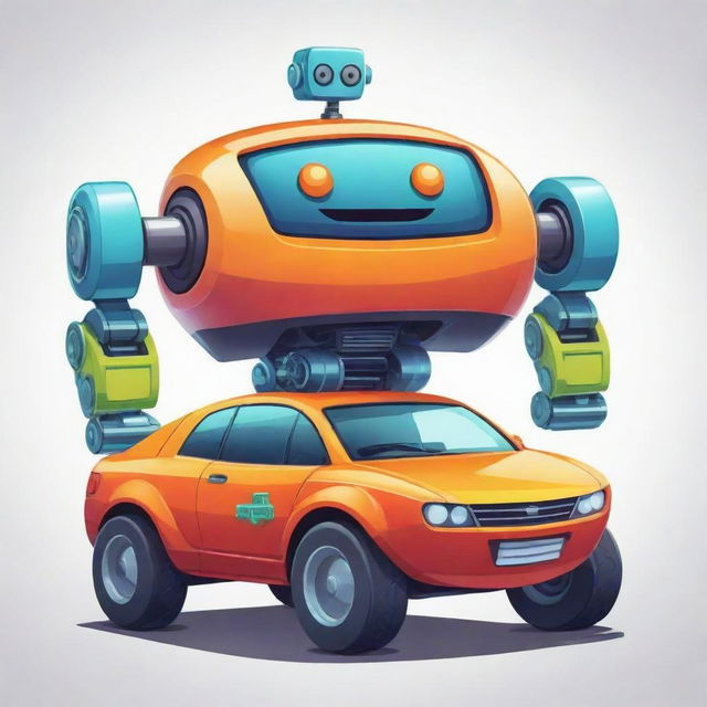 Cartoon style fusion of a car and a robot, with lively colors and inventive design elements