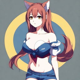 Create an image of a tall, sexy anime neko girl with wolf ears and tail