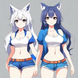 Create an image of a tall, sexy anime neko girl with wolf ears and tail