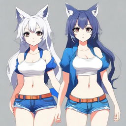 Create an image of a tall, sexy anime neko girl with wolf ears and tail