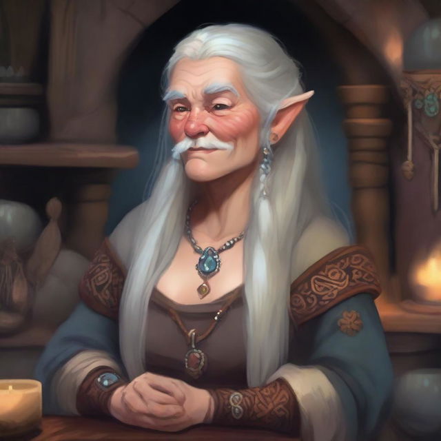 Create an image of a fair-skinned old female Hill Dwarf