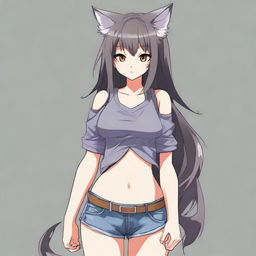 Create an anime-style image of a tall, sexy neko girl with dark gray wolf ears and tail