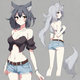 Create an anime-style image of a tall, sexy neko girl with dark gray wolf ears and tail