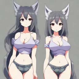 Create an anime-style image of a tall, sexy neko girl with dark gray wolf ears and tail