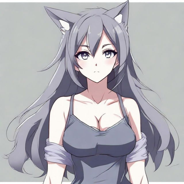 Create an anime-style image of a tall, sexy neko girl with dark gray wolf ears and tail