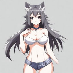 Create an anime-style image of a tall, sexy neko girl with wolf ears and a dark gray fur tail