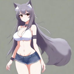 Create an anime-style image of a tall, sexy neko girl with wolf ears and a dark gray fur tail