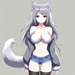 Create an anime-style image of a tall, sexy neko girl with wolf ears and a dark gray fur tail