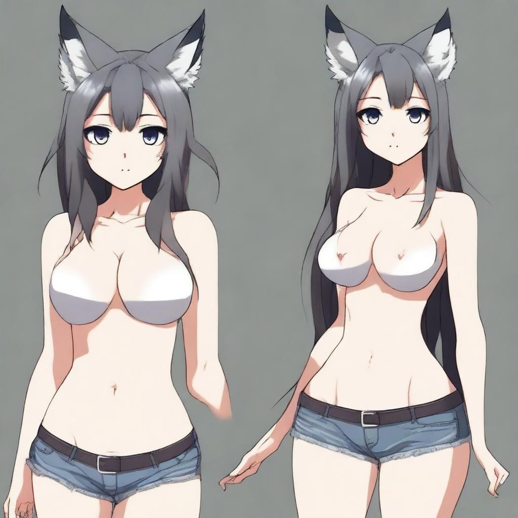 Create an anime-style image of a tall, sexy neko girl with wolf ears and a dark gray fur tail