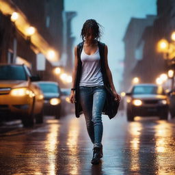 A front-view image of a girl walking in heavy rain, wearing a white tank top, jeans, and heels