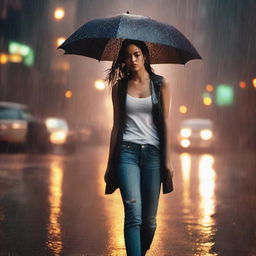 A front-view image of a girl walking in heavy rain, wearing a white tank top, jeans, and heels