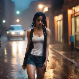 A front-view image of a girl walking in heavy rain, wearing a white tank top, jeans, and heels