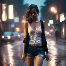 A front-view image of a girl walking in heavy rain, wearing a white tank top, jeans, and heels