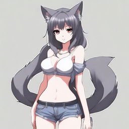 Create an anime-style image of a tall, sexy neko girl with wolf ears and a dark gray fur tail