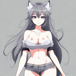 Create an anime-style image of a tall, sexy neko girl with wolf ears and a dark gray fur tail