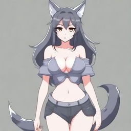 Create an anime-style image of a tall, sexy neko girl with wolf ears and a dark gray fur tail