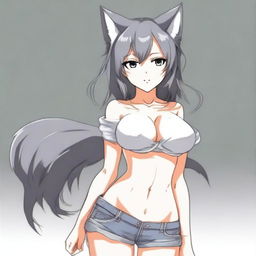 Create an anime-style image of a tall, sexy neko girl with wolf ears and a dark gray fur tail