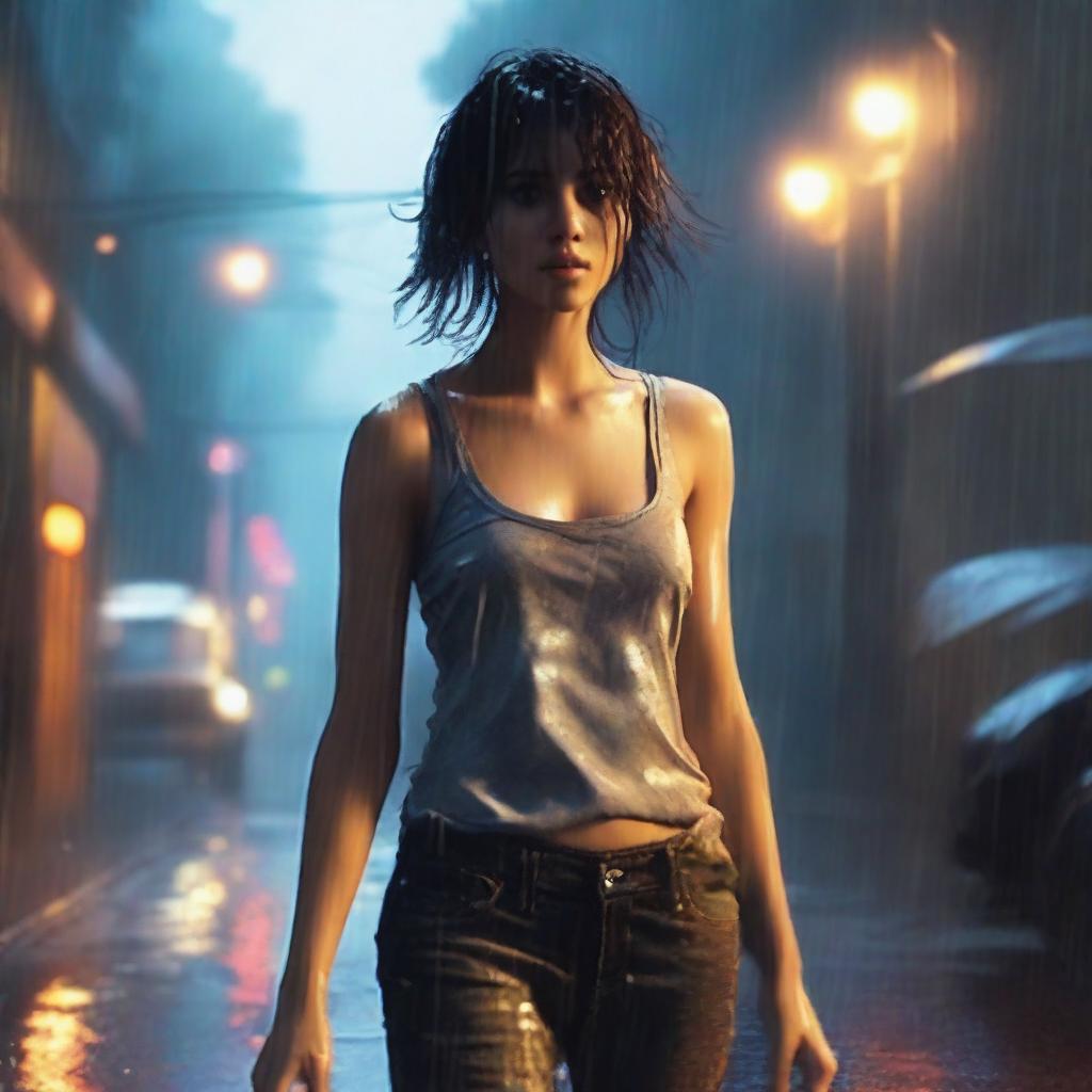 A front-view image of a really pretty girl walking in heavy rain, wearing jeans and a tank top