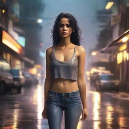 A front-view image of a really pretty girl walking in heavy rain, wearing jeans and a tank top