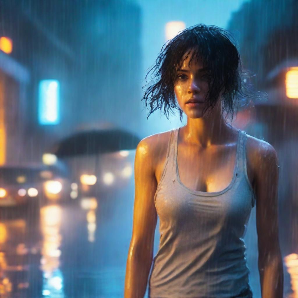 A front-view image of a really pretty girl walking in heavy rain, wearing jeans and a tank top