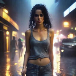 A front-view image of a really pretty girl walking in heavy rain, wearing jeans and a tank top