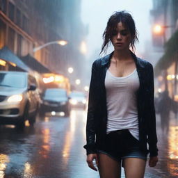 A front-view image of a really pretty girl walking in heavy rain, wearing a black cardigan to cover herself, a white tank top, and jeans