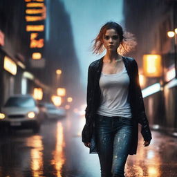 A front-view image of a really pretty girl walking in heavy rain, wearing a black cardigan to cover herself, a white tank top, and jeans