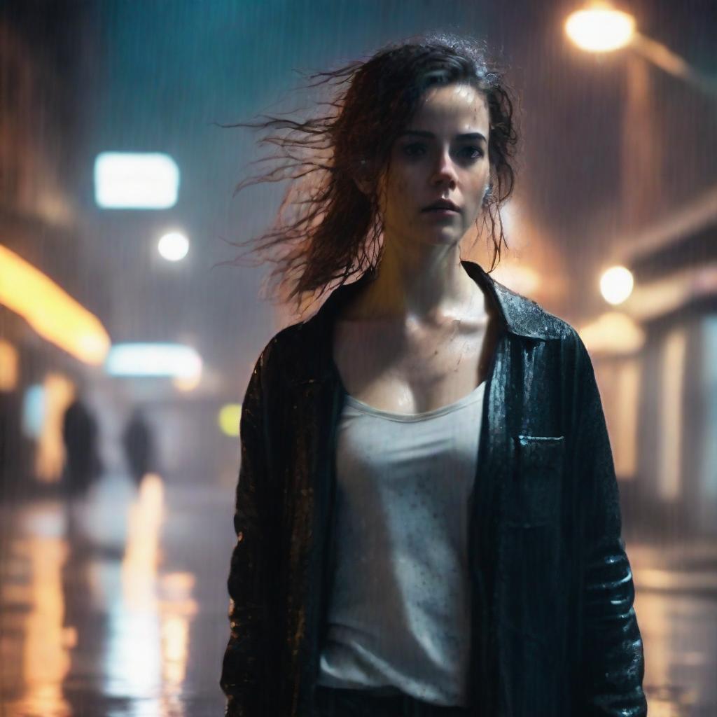 A front-view image of a really pretty girl walking in heavy rain, wearing a black cardigan to cover herself, a white tank top, and jeans