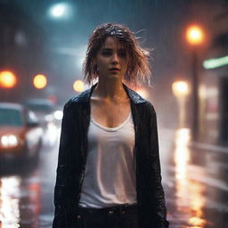 A front-view image of a really pretty girl walking in heavy rain, wearing a black cardigan to cover herself, a white tank top, and jeans