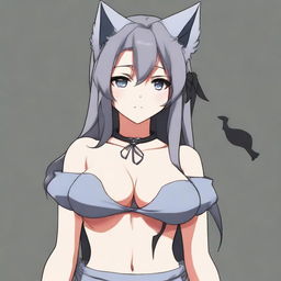 Create an anime-style image of a tall, sexy neko girl with wolf ears and a dark gray fur tail